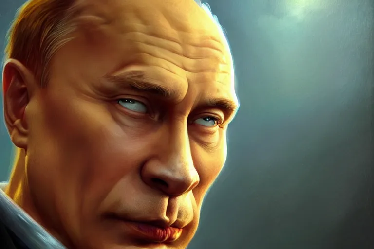 Image similar to vladimir putin as homer simpson, closeup, d & d, fantasy, intricate, elegant, highly detailed, digital painting, artstation, concept art, matte, sharp focus, illustration, hearthstone, art by artgerm and greg rutkowski and alphonse mucha