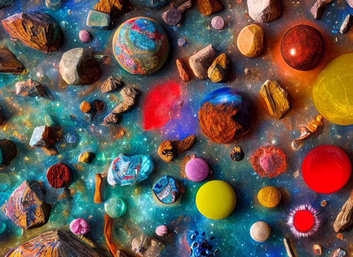 Prompt: aerial view of diorama of the shape of the universe, tibetan cosmology, occult abiogenesis, hyper - detailed, crystals, plastic, rubber, wood, glass, play - doh, realistic materials, 4 k, octane render, daylight, fujifilm velvia 5 0, color photography, sigma 2 8 mm, the intoxicating pleasure of conspiratorial thinking