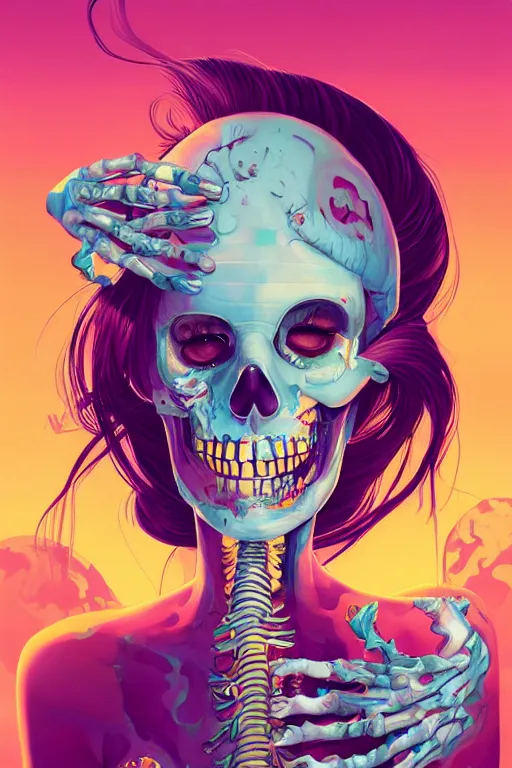 Prompt: a smiling cute zombie woman peeling skeleton skin and wavy hair, tristan eaton, victo ngai, artgerm, rhads, ross draws