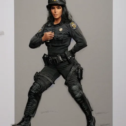 Image similar to kim kardashian as a cop, police uniform, full body view, full pov, haunted house interior, pretty, aesthetic, dust molecules, matte detailed photo, DeviantArt, Artstation, by donato giancola, ralph horley, loish, cinematic lighting