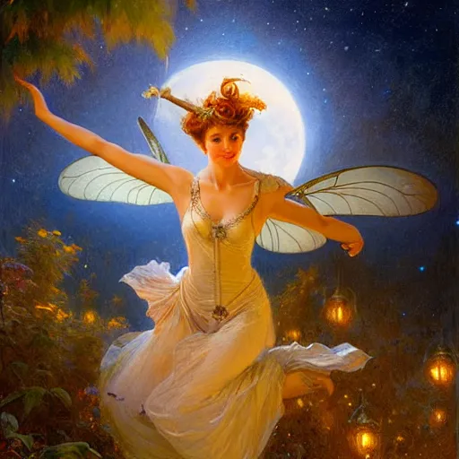 Image similar to attractive fairy magically floating high in the night, fantasy, full moon in background. highly detailed painting by gaston bussiere, craig mullins, j. c. leyendecker, sharp focus, 8 k