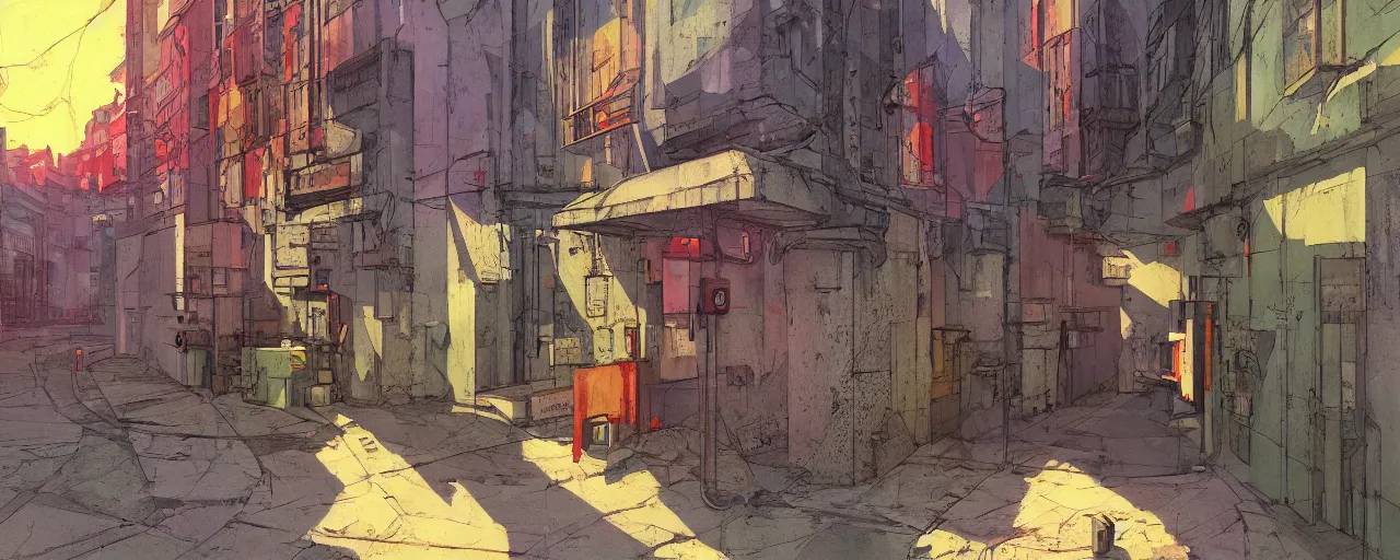 Image similar to neo brutralism, concrete housing, an archway, concept art, colorful, vivid colors, sunrise, warm colors, light, strong shadows, reflections, oilpainting, cinematic, 3D, in the style of Akihiko Yoshida and Edward Hopper