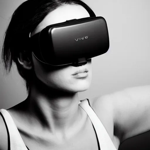 Image similar to portrait of a cyberpunk girl wearing vr headset, black & white photo by annie leibovitz