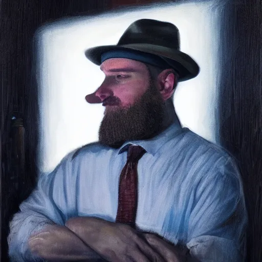 Prompt: a highly detailed portrait of a gross neckbeard man wearing a fedora in a dark basement illuminated by a computer screen, 8 k, 4 k, oil on canvas