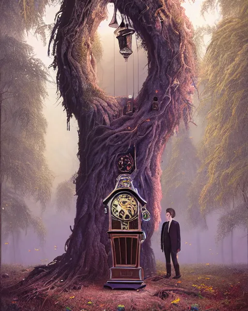 Image similar to highly detailed surreal vfx portrait of a cursed grandfather clock in a shadowy forest by a willow tree, stephen bliss, unreal engine, greg rutkowski, loish, rhads, beeple, makoto shinkai and lois van baarle, ilya kuvshinov, rossdraws, tom bagshaw, alphonse mucha, global illumination, detailed and intricate environment