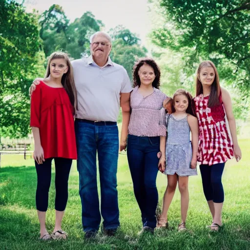 Prompt: a father and his five daughters, high quality photograph, family photo, professional quality