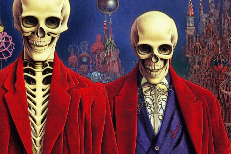 Image similar to realistic detailed closeup portrait painting of a single skeleton wearing red velvet blazer in a crowded futuristic moscow street by jean delville, amano, yves tanguy, alphonse mucha, ernst haeckel, edward robert hughes, roger dean, rich moody colours, blue eyes