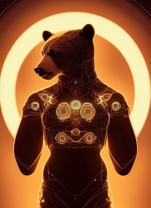 Image similar to symmetry!! portrait of cyborg bear, glowing lights!! intricate, elegant, highly detailed, digital painting, artstation, concept art, smooth, sharp focus, illustration, art by artgerm and greg rutkowski and alphonse mucha