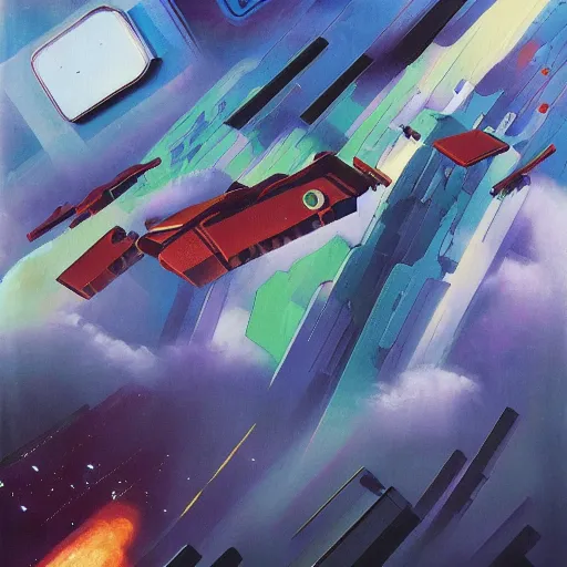 Image similar to a painting in the style of stanton macdonald - wright and in the style of chris foss.