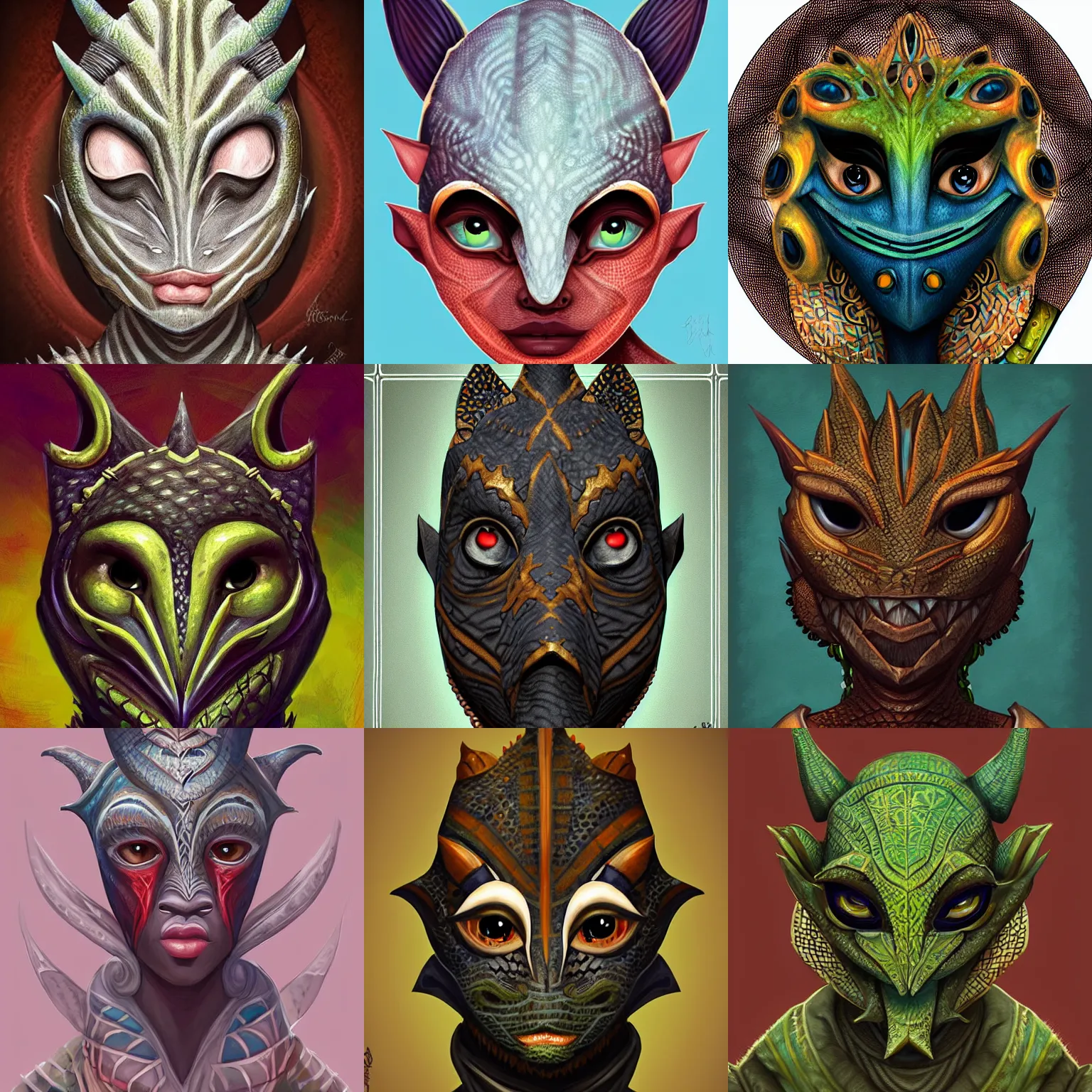 Prompt: african argonian! symmetrical portrait epic fantasy beautiful anthropomorphic sentient creature cute elegant digital painting by loish oriana menendez fiona staples alexandre chaudret west africa mask patterns style artstation