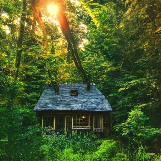 Prompt: a cozy cottage in an overgrown forest, studio Ghibli style, golden hour