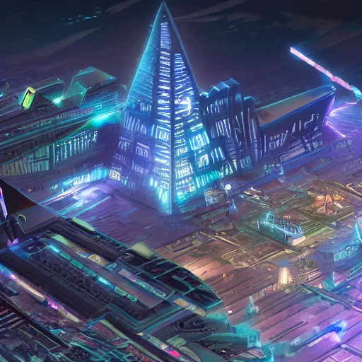 Prompt: a scene of the beautiful intricate epic futuristic pharaoh city with a cyber sphinx, a clearly hovering cyber pyramid, hyper detailed, cinematic lighting
