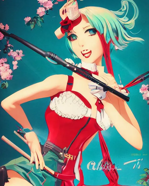 Prompt: Hatsune Miku full body pin up modeling in idol unioform, with a park in the back ground, post war style, detailed face, american postcard art style, by Gil Elvgren and Randolph Stanley Hewton and Charlie Bowater