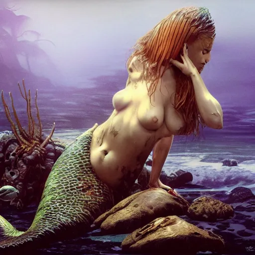 Image similar to a sad mermaid smothered in motor oil medical waste and thrash, ultra realistic, concept art, intricate details, highly detailed, photorealistic, octane render, 8 k, unreal engine, art by frank frazetta, simon bisley, brom