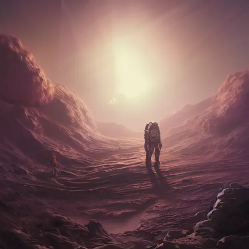 Image similar to Epic portrait Alien civilization on mars getting hit by mars moon phobos, explosions, debris, steam, digital painting, artstation, concept art, soft light, hdri, smooth, sharp focus, illustration, fantasy, intricate, elegant, highly detailed, D&D, matte painting, in the style of Greg Rutkowski and Alphonse Mucha and artemisia, 8k, highly detailed, jurgens, rutkowski, bouguereau, pastoral, rustic, georgic