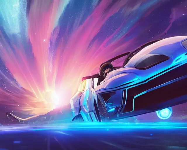 Prompt: a convertible with space boosters flying through space. Cosmic skies scifi. digital illustration, very vibrant colors, soft lighting, adventurous, atmospheric lighting, 8K, octane render. By Makoto Shinkai, Stanley Artgerm Lau, WLOP, Rossdraws, James Jean, Andrei Riabovitchev, Marc Simonetti, krenz cushart, Sakimichan, D&D trending on ArtStation, digital art.