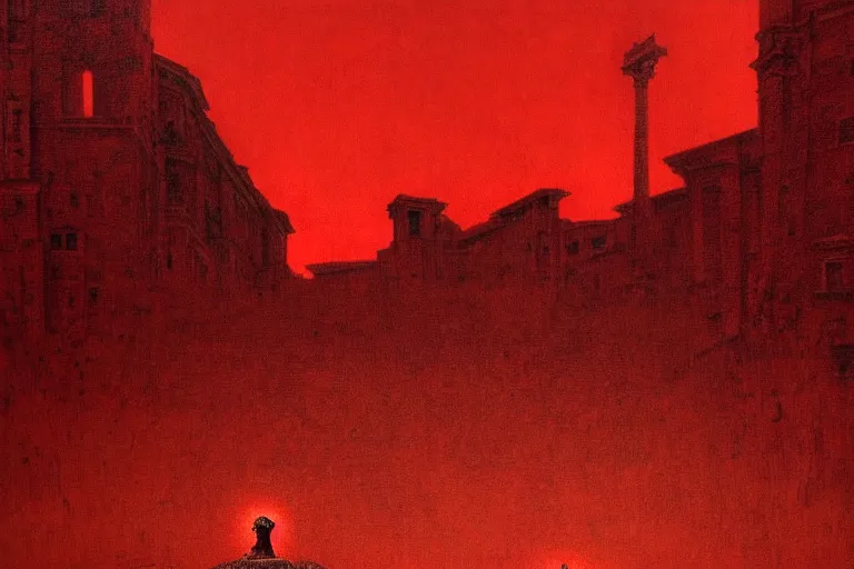 Image similar to only with red, caesar after war, a red tiger, in hoc signo vinces, rome in background, an ancient path, in the style of beksinski, part by hopper, part by rodcenko, part by hofbauer, intricate composition, red by caravaggio, insanely quality, highly detailed, masterpiece, red light, artstation