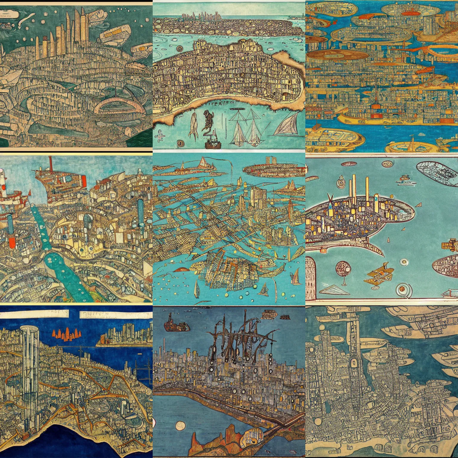 Prompt: a detailed map of a futuristic dystopian city located in an island surrounded by water with a few flying ships stationed around it, in the style of egon schiele, full color