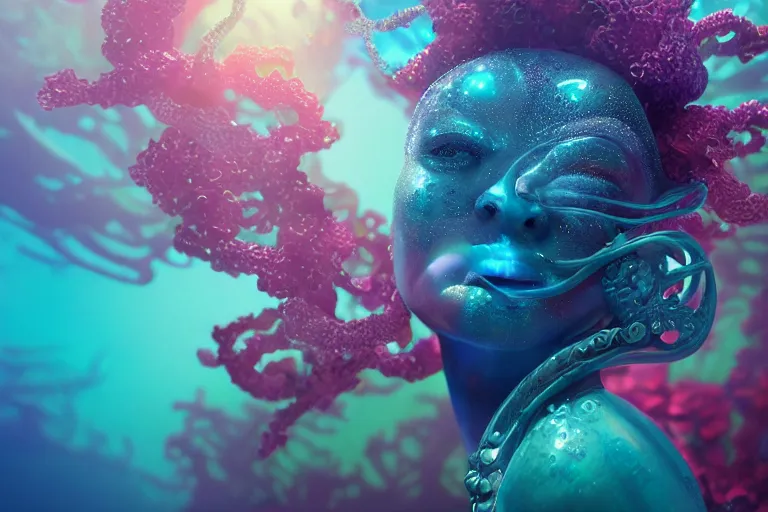 Prompt: stunning ultra realist waves miniature glass baubbles underwater curiosities reflections and refractions corals carnival, a beautiful female in full underwater armor, symmetry accurate features, focus, very intricate ultrafine details, blue purple aqua colors, award winning masterpiece, octane render 8 k hd, tom bagshaw inspired