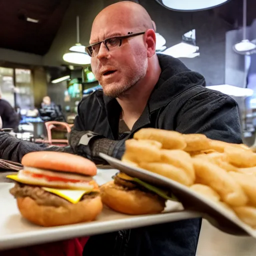 Prompt: Steven Armstrong from Metal gear Rising chooses a Hamburger at McDonald's, 40nm lens, 4k, shallow depth of field,