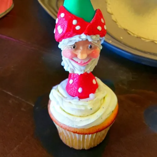 Prompt: hyper realistic cupcake gnome with wafflecone hat