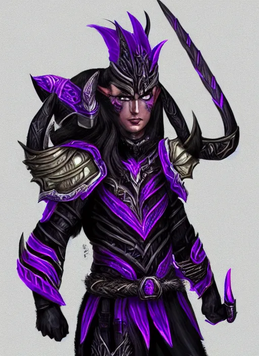 Image similar to Half-body portrait of a seasoned muscular elven warrior in black and purple armour and wolf skin. In style of Hyung-tae Kim, concept art, trending on ArtStation, Korean MMORPG.