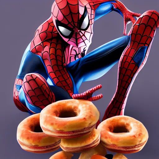 Image similar to spider - man sit on the raccoon and eating donuts, concept art, trending on artstation, highly detailed, intricate, sharp focus, digital art, 8 k