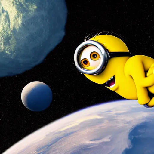 Image similar to minion in space, outside of a rocket, chasing a banana, hyperrealistic render, highly detailed, 4k, artstation