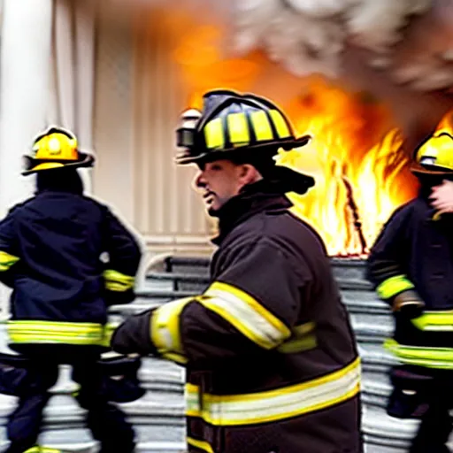 Prompt: one heroic firefighters with black and yellow uniforms in action inside white house, interior background, fire flames, sharp details, sharp focus