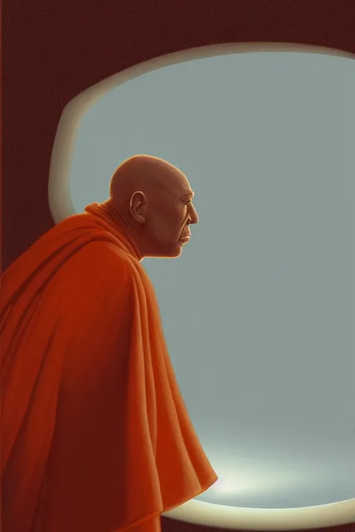 Image similar to portrait of a blind monk in a spaceship, looking out the window, orange robe, dramatic lighting, artstation, matte painting, ralph mcquarrie