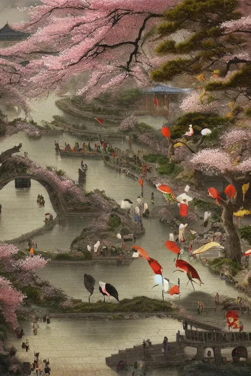 Image similar to a street in a ancient chinese characteristics. it has a high degree of fantasy. cherry blossom forest, there are pavilions in the air, koi jumping in the air, and fairy birds and animals such as cranes and deer coexist with people. it is the life scene of the ancient people, a detailed matte painting by christophe vacher and albert bierstadt