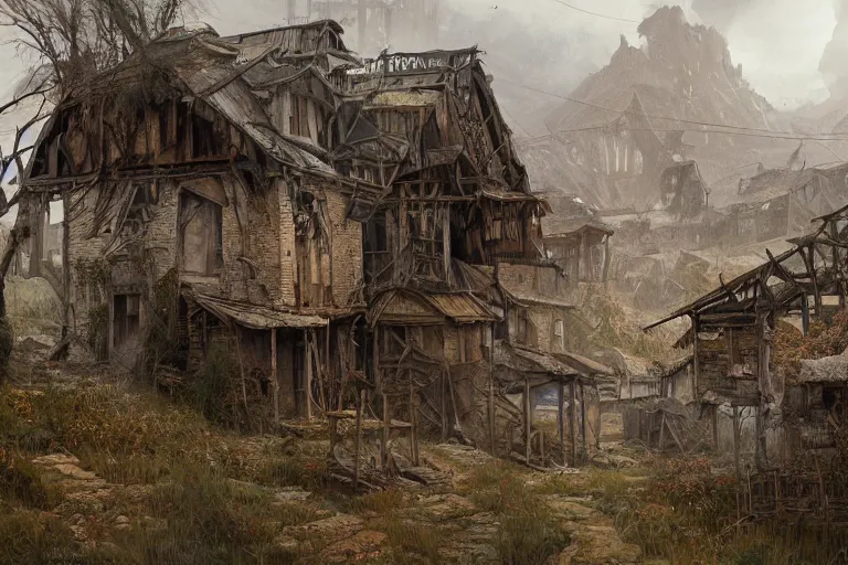 Prompt: dramatic photo of an abandoned village in the Russian outback, highly detailed, digital painting, artstation, concept art, smooth, sharp focus, illustration, art by tian zi and WLOP and alphonse mucha