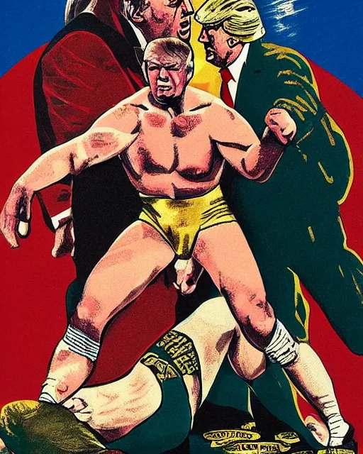 Prompt: vintage illustrated poster of Trump vs Putin wrestling match, hyper realism, high detail, vintage palette, old paper , 8k