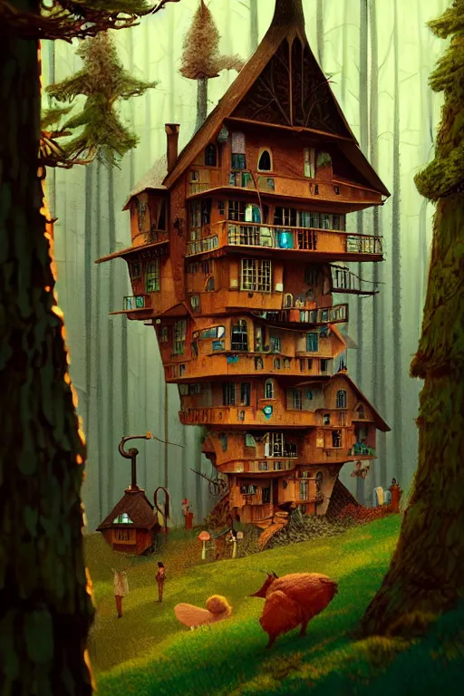 Image similar to a shot from a wes anderson movie of a storybook style ramshackle multistory fairytale hut in the forest, intricate, elegant, fantasy, highly detailed, digital painting, concept art, sharp focus, artstation