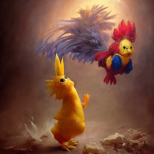 Image similar to expressive oil painting of ( ( ( rooster ) ) ) pikachu chimera, by jean - baptiste monge, octane render by yoshitaka amano, by greg rutkowski, by jeremyg lipkinng, by artgerm