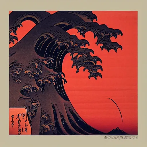 Prompt: “a bright red sunrise, in the style of Ukiyo-e”