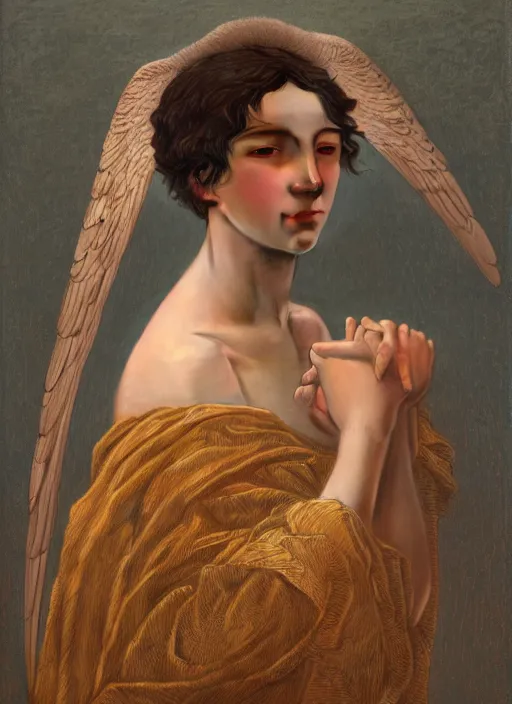 Image similar to intricate oil painting portrait by John William Godward and Anna Dittman and Laurie Greasley and Victo Ngai and Taro Okamoto and Caspar David Friedrich depicting gabriel the archangel, evening, atmospheric lighting, intricate detail, cgsociety, hyperrealistic, octane render, RPG portrait, ambient light, dynamic lighting