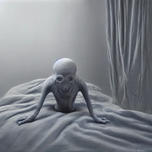 Prompt: a gray alien with long fingers at the foot of the bed, beksinski, dariusz zawadzki, very coherent symmetrical artwork, cinematic, hyper realism, high detail, octane render, 8 k