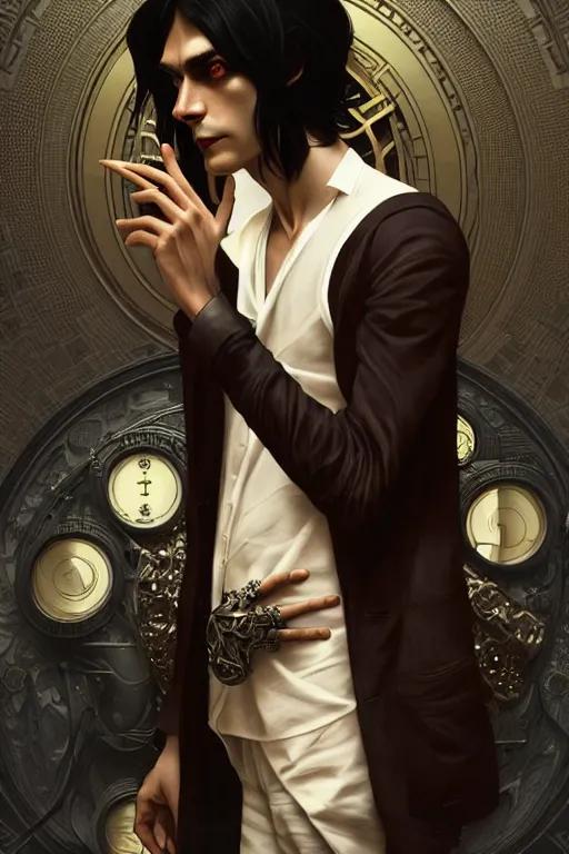 Image similar to ultra realistic, thin man in expensive stylish modern clothes, black hair, brown eyes, occult jewelry, fantasy, intricate details, eerie, highly detailed, octane render, 8 k, art by artgerm and alphonse mucha and greg rutkowski