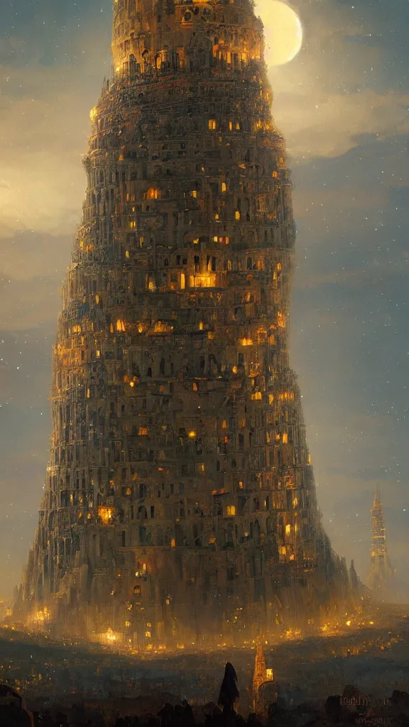 Image similar to a beautiful painting of the tower of babel, at night with a sky full of stars, intricate, elegant, highly detailed, digital painting, artstation, concept art, by krenz cushart and artem demura and alphonse mucha