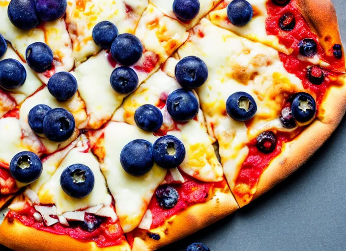 Image similar to A delicious plate of pizza with blueberries on, extra cheese, close up food photography, studio lighting, Sigma 35mm f/1.4