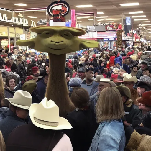 Image similar to local news roadside interview, an 8 foot tall prairie dog human cryptid creature wearing a white cowboy hat standing in the middle of a huge crowd inside a black friday sale in a busy store