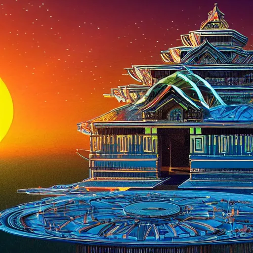 Prompt: highly detailed illustration of a giant temple made of glass, transparent building, huge glass structure, binary sunset, fractal lighting, two suns, russian temple, mystic, rgp artwork