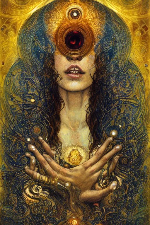 Image similar to Divine Chaos Engine by Karol Bak, Jean Deville, Gustav Klimt, and Vincent Van Gogh, beautiful visionary mystical portrait, sacred, otherworldly, fractal structures, ornate gilded medieval icon, third eye, spirals