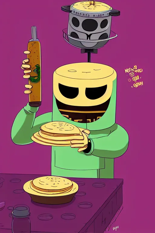 Prompt: mf doom madvilliany making pancakes in style of adventure time, animation pixar style, by pendleton ward, magali villeneuve, artgerm, rob rey and kentaro miura style, golden ratio, trending on art station