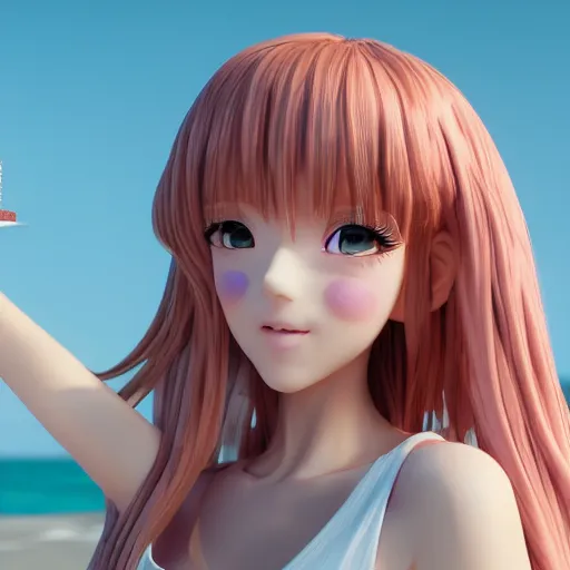 Prompt: Render of a beautiful 3d anime woman holding a birthday cake out to the camera, long light pink hair, full bangs, hazel eyes, cute freckles, full round face, soft smile, Chinese heritage, cute checkerboard sundress, golden hour, serene beach setting, medium shot, mid-shot, hyperdetailed, trending on Artstation, Unreal Engine 4k