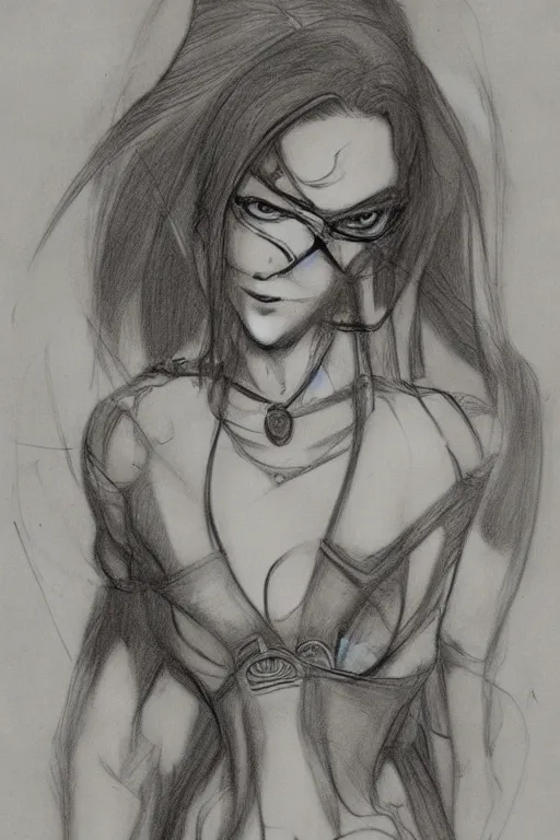 Image similar to Portrait sketch of fully clothed Bayonetta by Da Vinci