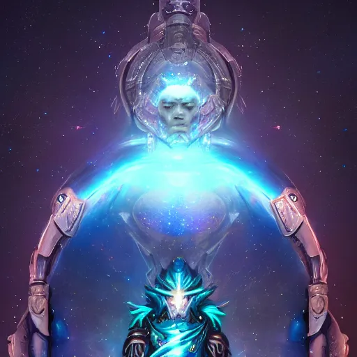 Image similar to photorealistic fantasy cosmic concept art of a cosmic god with armor made out of planets and dark matter, hovering in a unknown galaxy, fully body portrait, cinematic, dynamic lighting, ultra detailed, creative, trending on art station, stunning visuals, creative