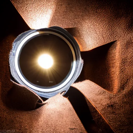 Image similar to dramatic cinematic 8k photo of a leather film camera peaking through a hole of light, 65mm lens, Ultra HD, studio lighting