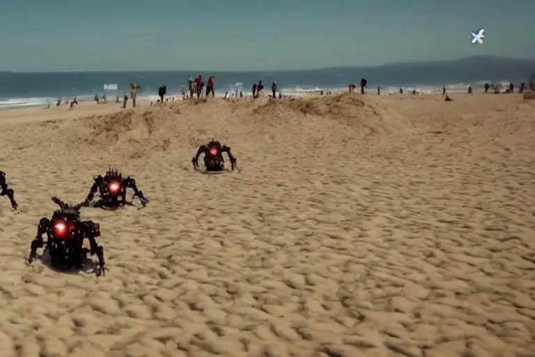 Image similar to cinematography evil demon robots climbing out of the sand on the beach in Santa Monica by Emmanuel Lubezki